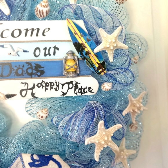 Beach Wreath Nautical Seagull Starfish Deco Mesh Bow Coastal Blue Teal Navy - Picture 5 of 11